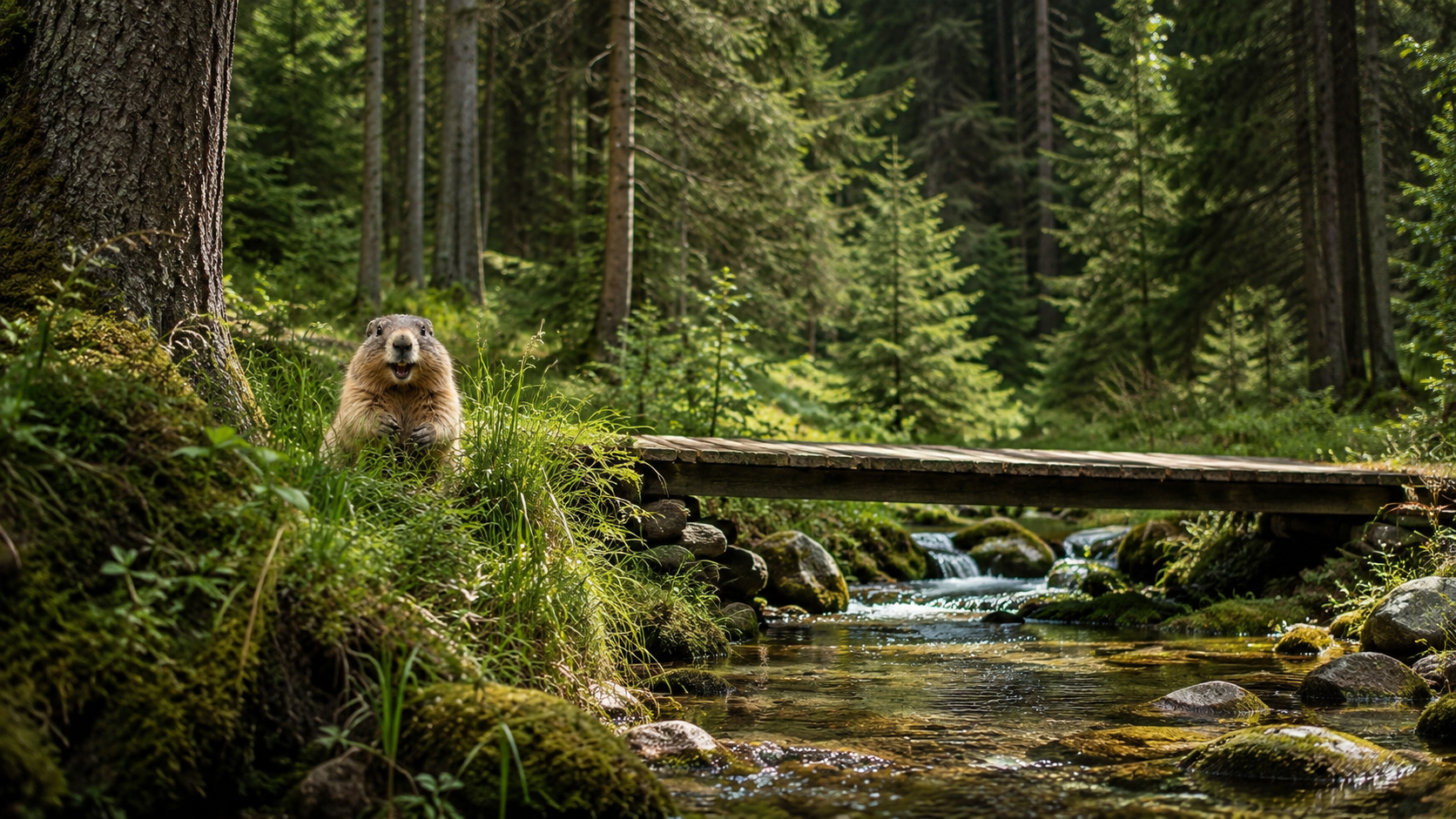 Murmeltier am Wegweiser im Schwarzwald — gemeinsam Wege finden.