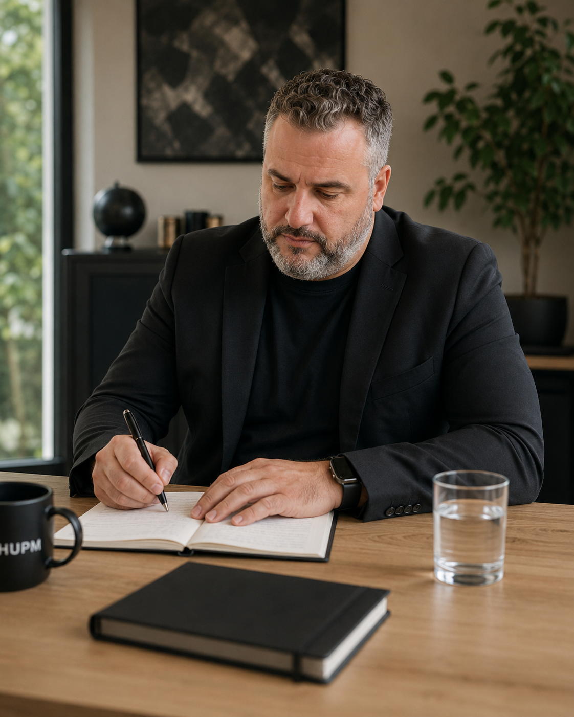 Markus A. Herrmann beim Arbeiten am Notizbuch — Strategisches Marketing mit Substanz.