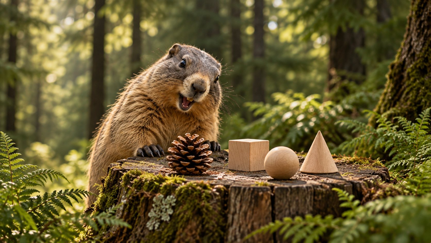 Marmot examining a pine cone and wooden shapes – curiosity as the principle of the Marketing Lab.