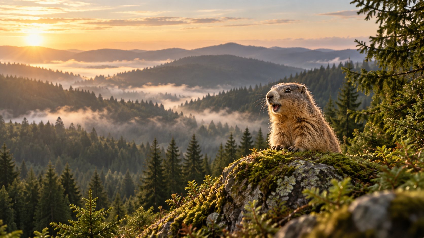 Murmeltier auf einem Aussichtsfelsen über nebligen Schwarzwaldhügeln – Weitblick in der strategischen Beratung.